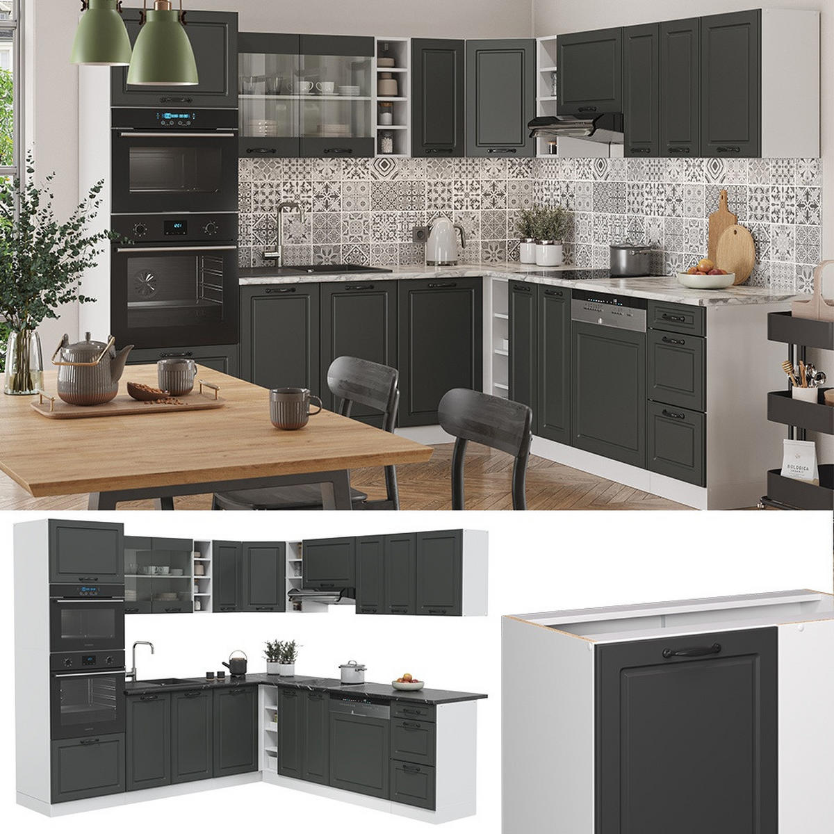 HÖRNKÖK R-Line, Antracit hus på landet/Vit, 247 x 237 cm, AP Antracit - Vit/Antracit, Träbaserade material (247/206.8/60cm) - Vicco
