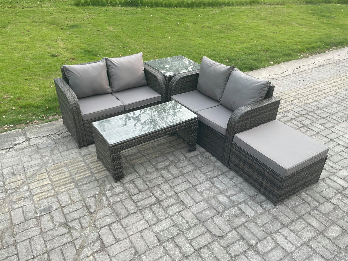 GARTENSOFA SET mit HOCKER COUCHTISCH Polyrattan 5-Sitzer - Dunkelgrau/Grau, Glas/Kunststoff - Fimous