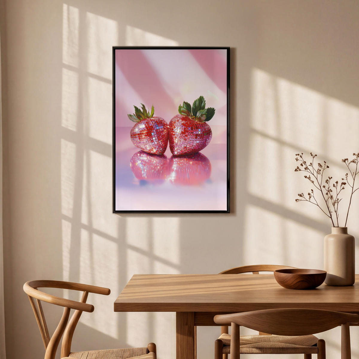 LEINWAND Bilder mit Rahmen - Disco - Obst - Glitzer - Erdbeere - 60x90 - Pink, Textil (60/90cm) - MuchoWow