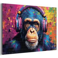 METALLBILD Graffiti - Schimpanse - Straßenkunst - Kopfhörer - Affe 90x60 cm - Blau, Metall (90/60cm) - MuchoWow