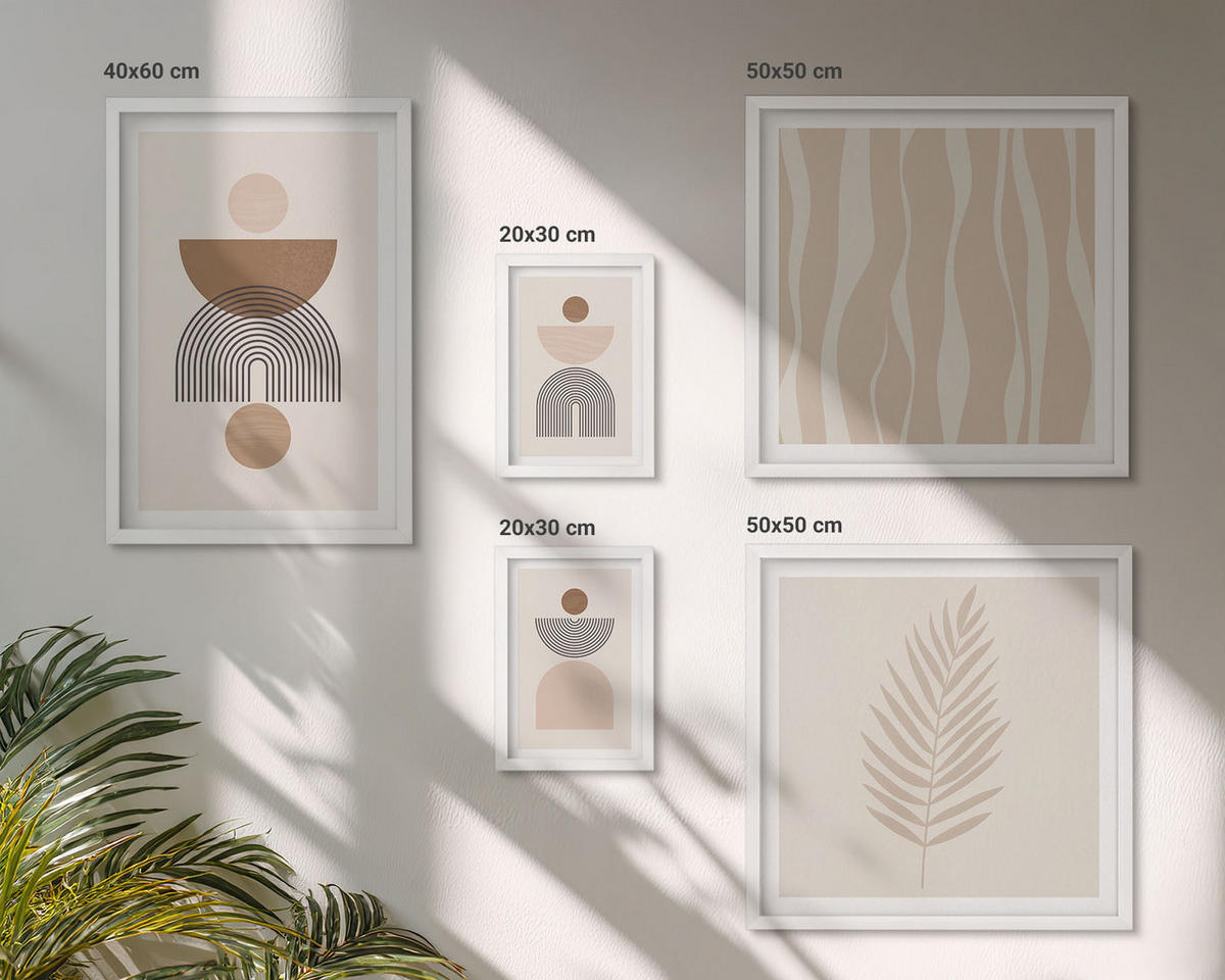 WANDBILDER 5er-Set - 50x50 cm & 20x30 cm & 40x60 cm Weißer Rahmen - Abstrakte Formen braun beige - Weiß, Kunststoff (40/60cm) - ArtPrintCave