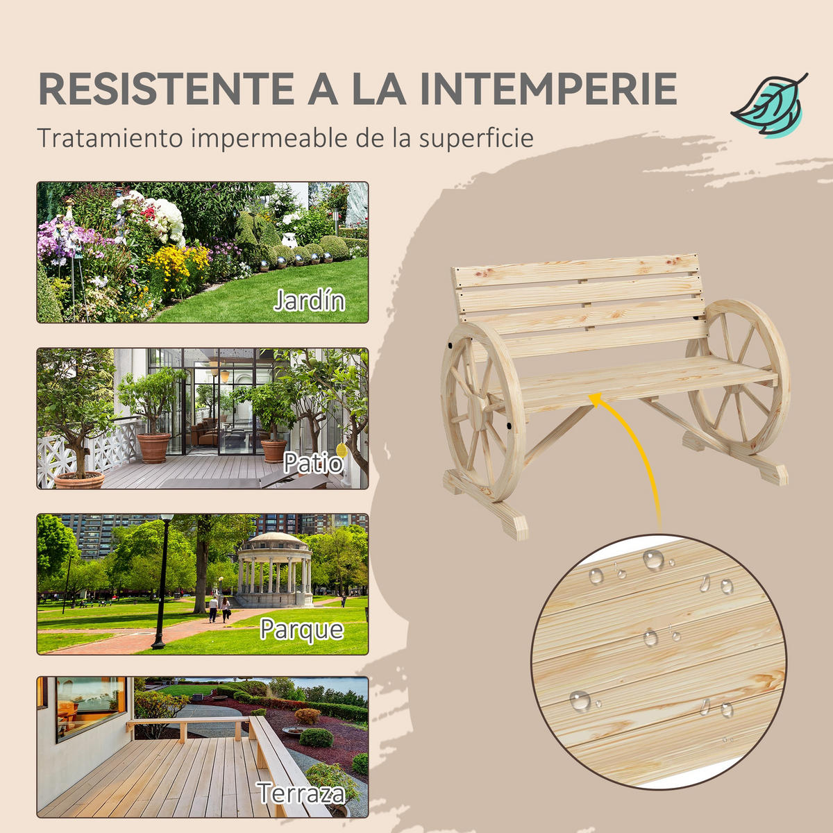GARTENBANK,2-SITZER Holz radförmige Armlehnen,naturholz - Beige, Holz (105.5/79/56cm) - Vallsero