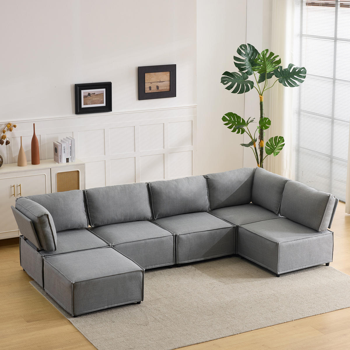 ECKSOFA mit Schlaffunktion und frei kombinierbaren Elementen, Hellgrau - Hellgrau, Kunststoff (308/152cm) - Redom