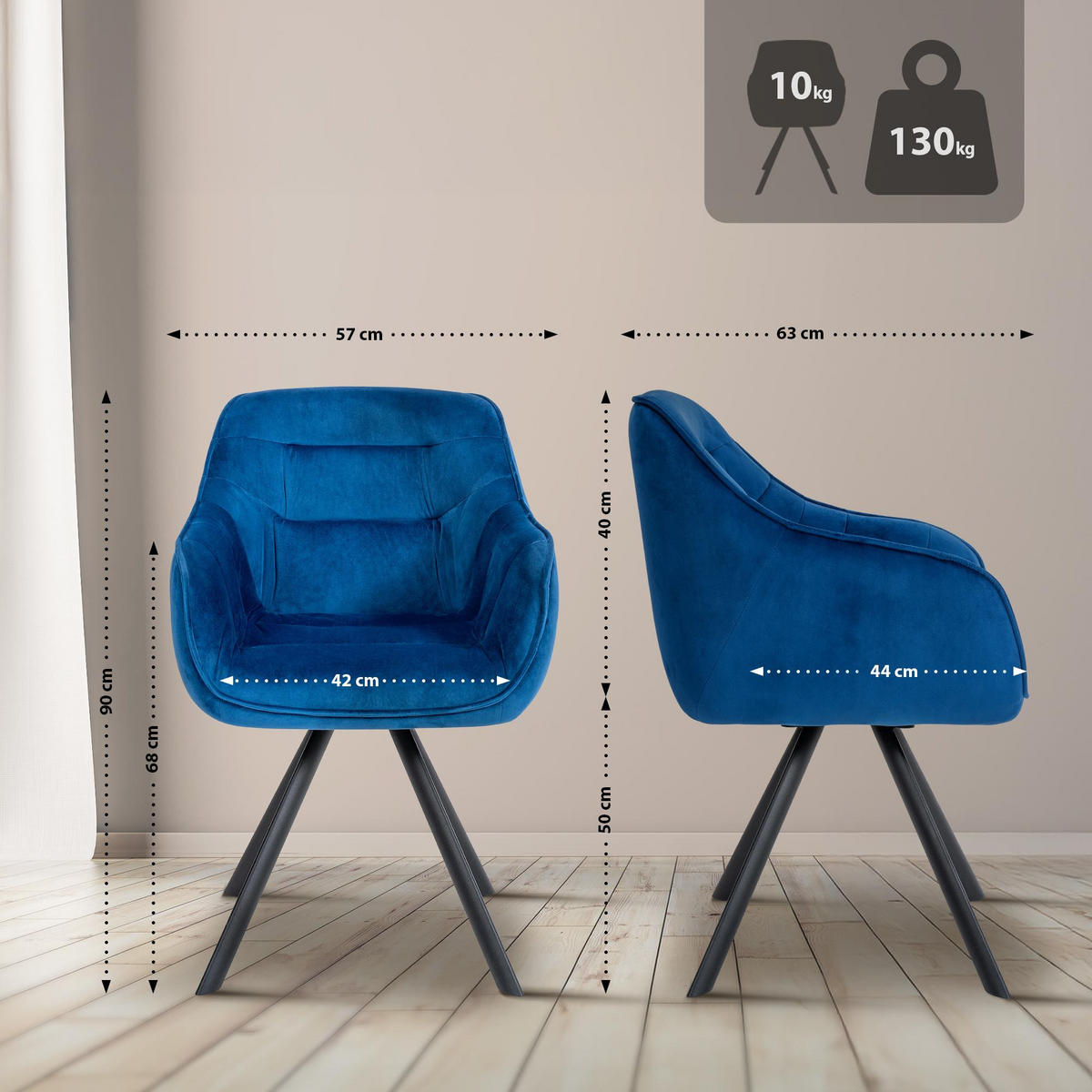 ARMLEHNENSTUHL Samt Blau - Blau/Schwarz, Textil/Metall (57/90/63cm) - CLP