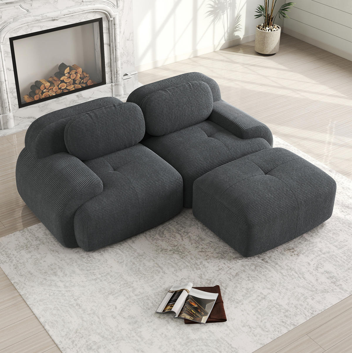 ECKSOFA modular rahmenlos mit geschwungenen Armlehnen und Cordbezug, Grau - Grau, Textil (208/178cm) - Redom