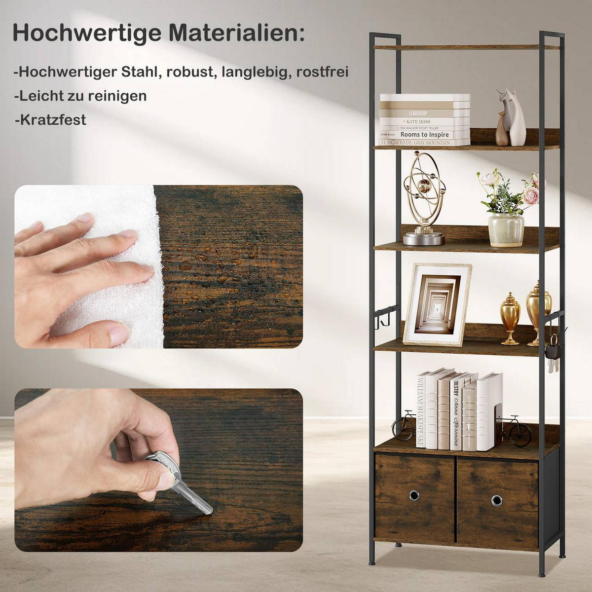 REGAL mit 5 Ablagen, 2 Schubladen, Vintagebraun - Dunkelbraun/Schwarz, Holzwerkstoff/Textil (63/187/30cm) - Woltu