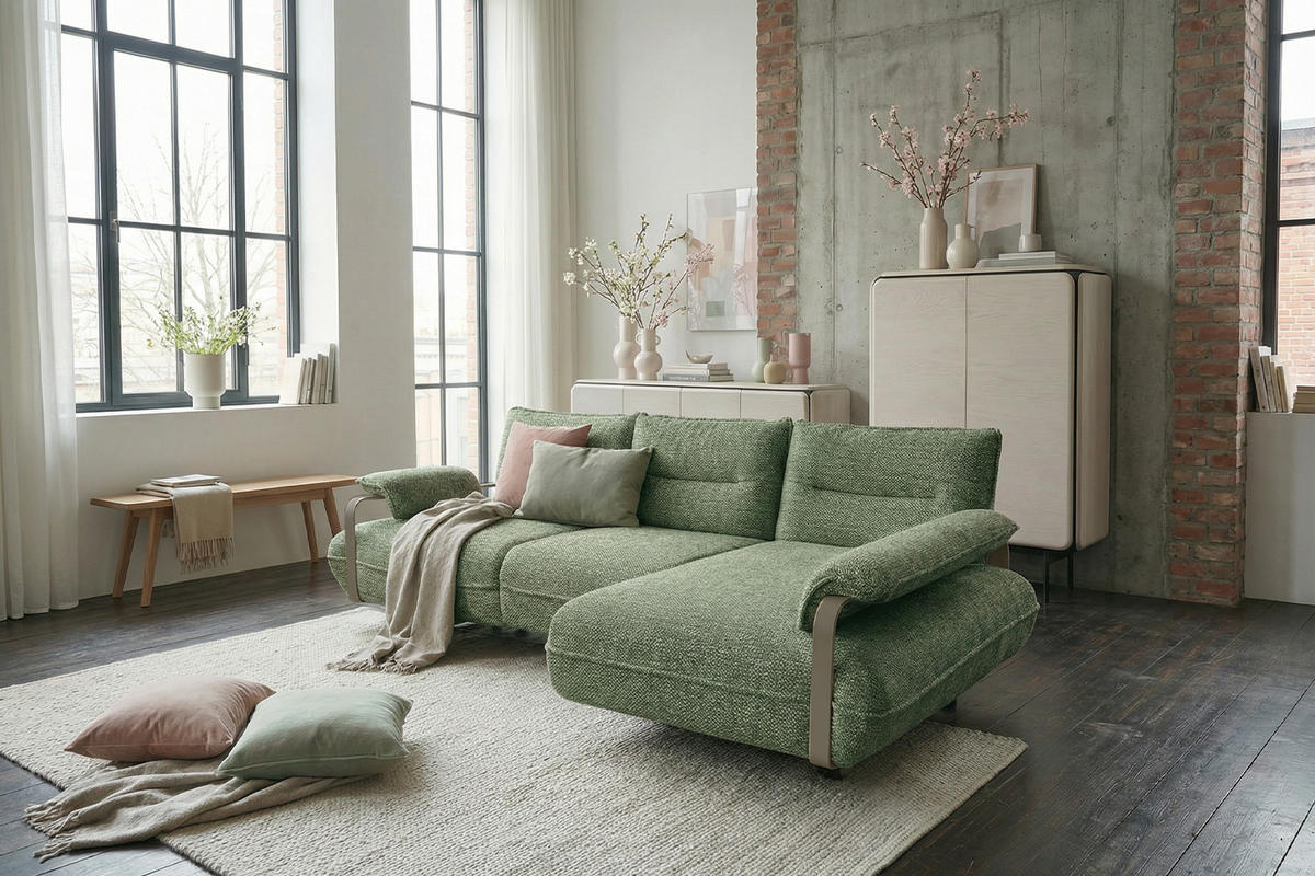 ECKSOFA ANISSA Grün Flachgewebe - Schwarz/Grün, Kunststoff/Textil (185/297cm) - KAWOLA