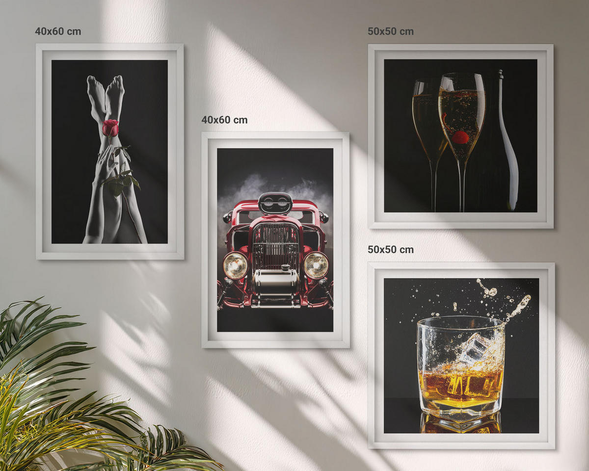 BILDER SET 4er Set - 50x50 cm & 40x60 cm Weißer Rahmen - Frauenbeine Rosenwagen Wein - Weiß, Kunststoff (50/50cm) - TULUP