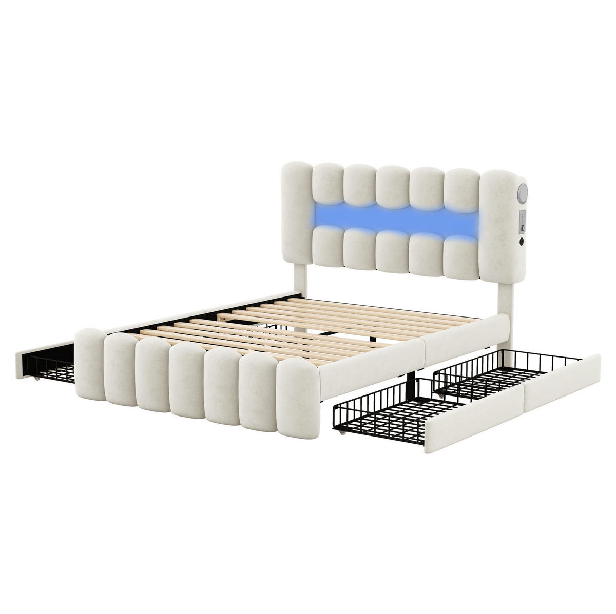 POLSTERBETT aus Samt 140 x 200 cm in Beige mit LED, USB, Lautsprechern & 4 Schubladen - Beige, Textil (140/200cm) - Modfu