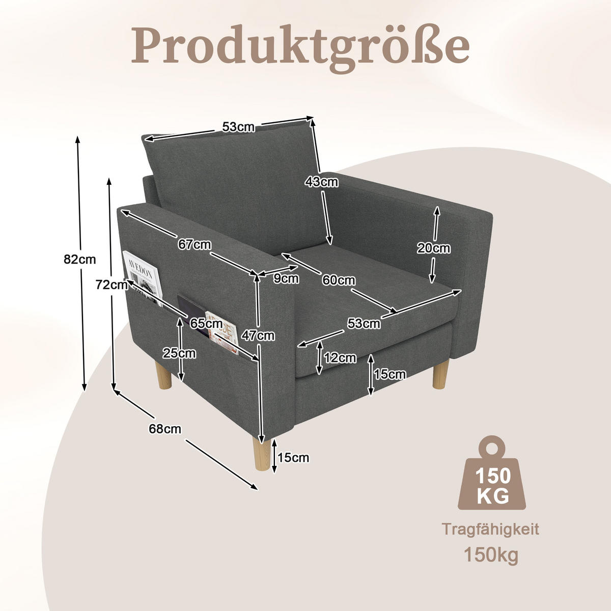 SESSEL Chenille Grau mit Seitentasche und Kissen - Grau, Holz/Holzwerkstoff (71/82/68cm) - WISHDOR
