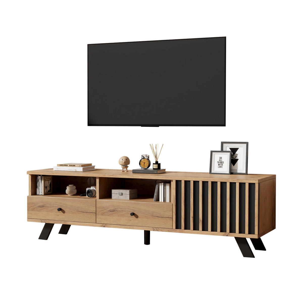 LOWBOARD 150/38/44 cm aus Spanplatte mit 2 Schubladen und Schrankfach Naturfarben/Schwarz - Naturfarben, Holzwerkstoff (150/44/38cm) - Modenvie
