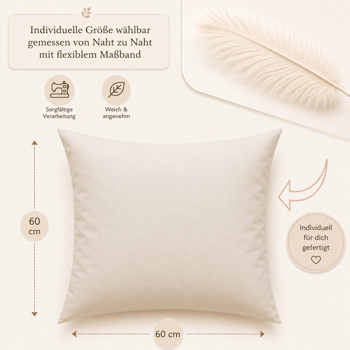 FEDERKISSEN 60/60 cm Baumwolle - Creme, Textil (60/60cm) - TiborTex