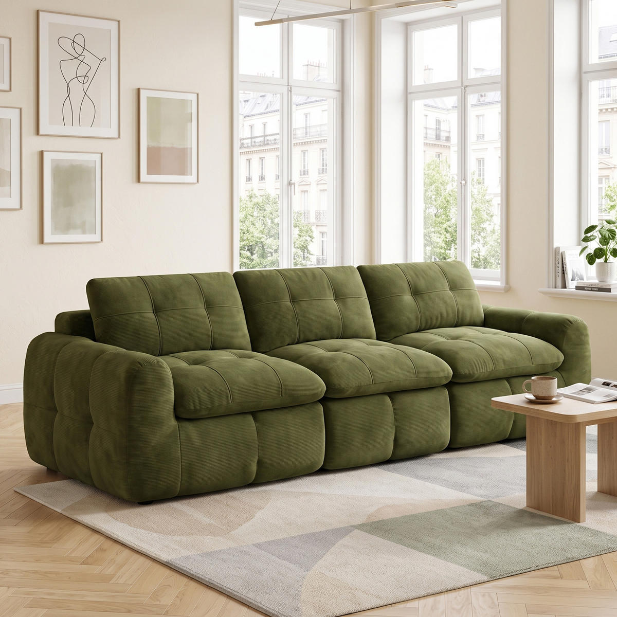 3-SITS SOFFA Modulär chenille rutsteppad grön - Grön, Textil (264/68/97cm) - Urban Meuble