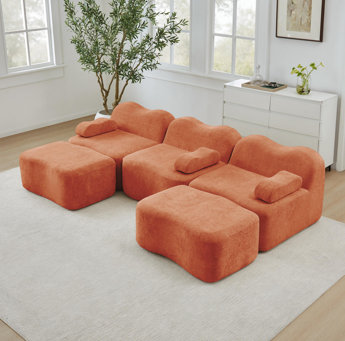 ECKSOFA 288/167/70 cm modular Orange aus Samt mit tiefer Sitzfläche und 2 Hockern - Orange, Textil (167/288cm) - OKWISH