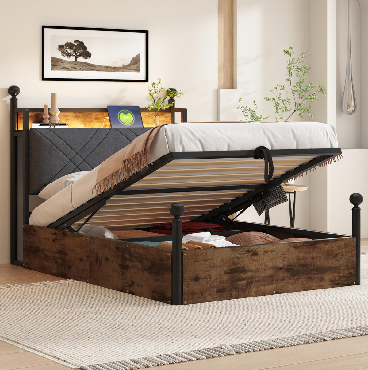 METALLBETT 90/190 cm Schwarz mit Stauraum, LED-Beleuchtung und USB-/Type-C - Schwarz, Metall (90/190cm) - Flora Grace