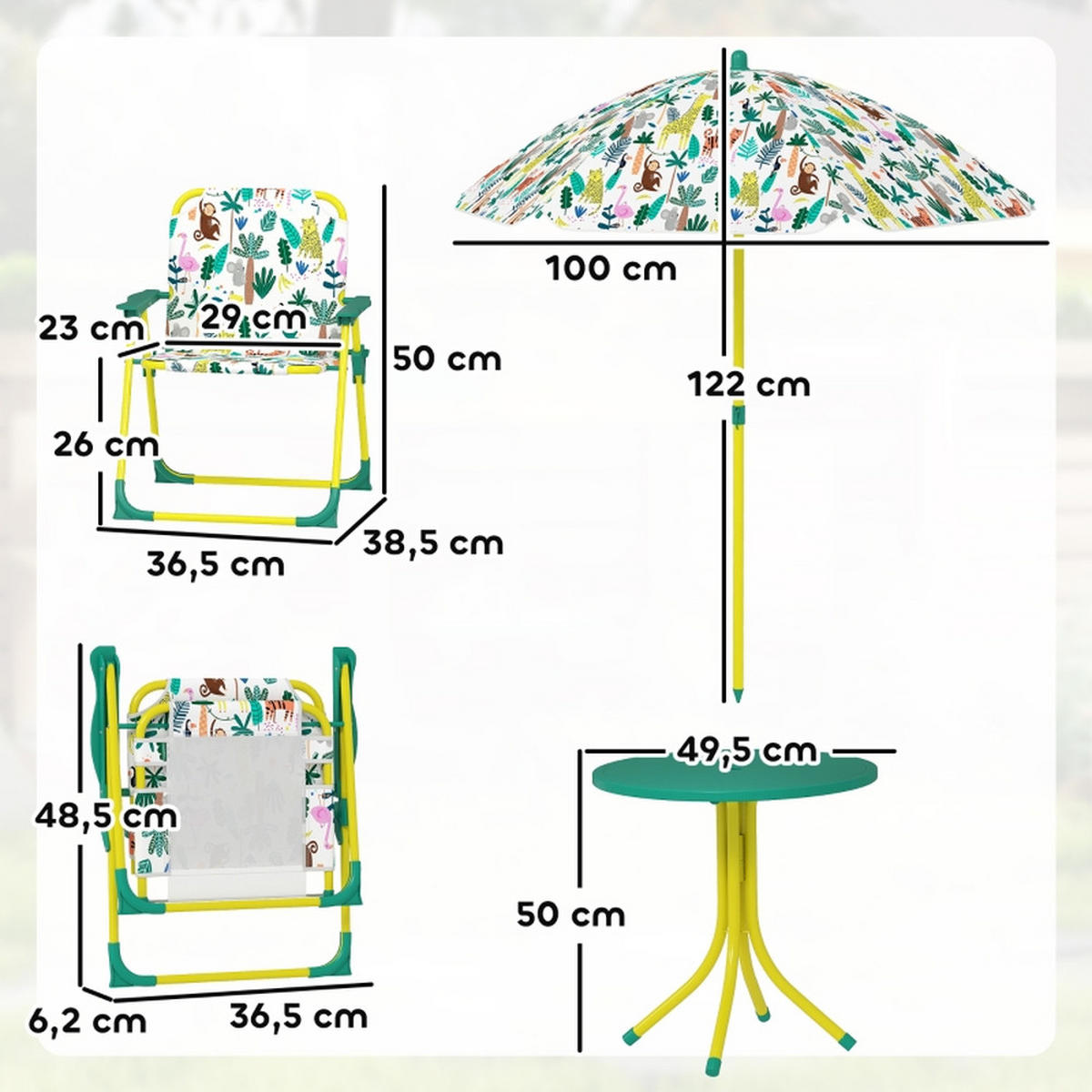 KINDER-GARTENMÖBEL 4 tlg KindersitzgruppeOutdoor 49,5x49,5x50cm Mit Sonnenschirm - Grün, Textil - Raelunyi