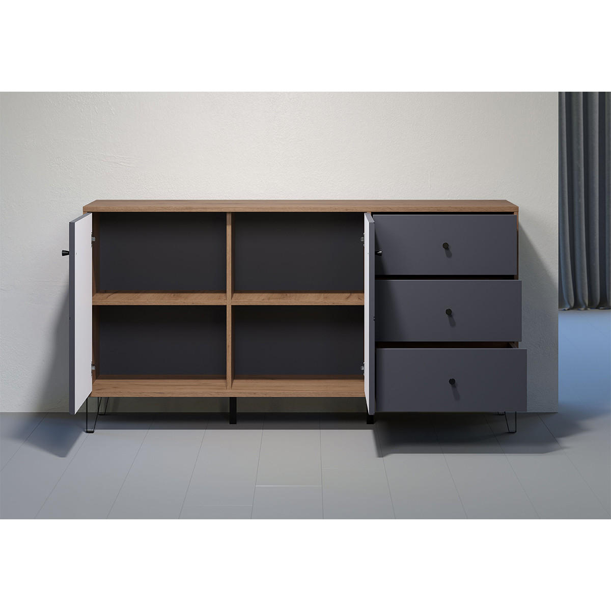 SIDEBOARD mit 2 Türen und 3 Schubladen B183 cm - Montez - Graphitfarben, Holzwerkstoff (183/76/40cm) - ebuy24