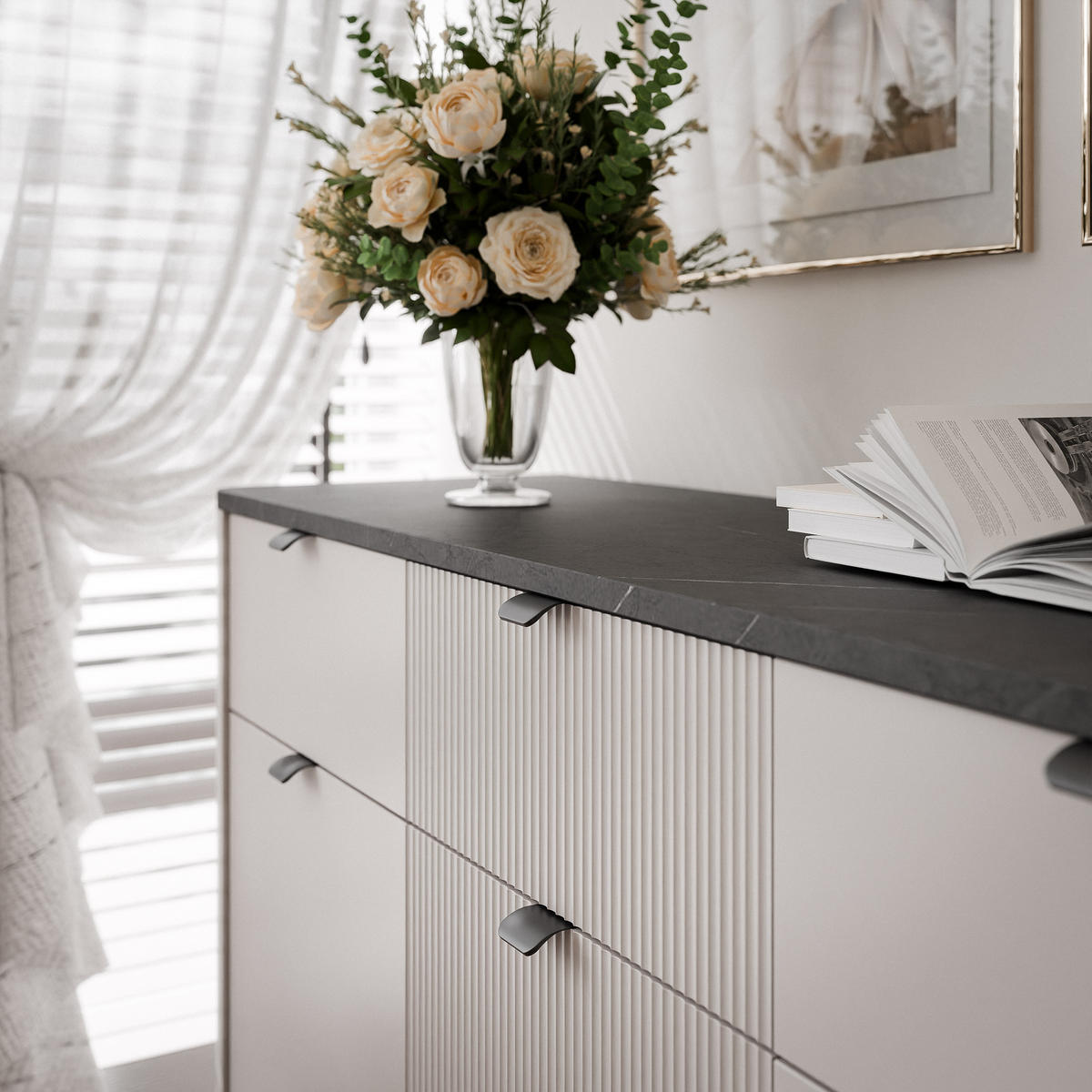 KOMMODE mit Schubladen NAVANI 130 cm Kaschmir/ Stein - Kaschmir/Schwarz, Holzwerkstoff/Metall (130/82/40cm) - Idohome