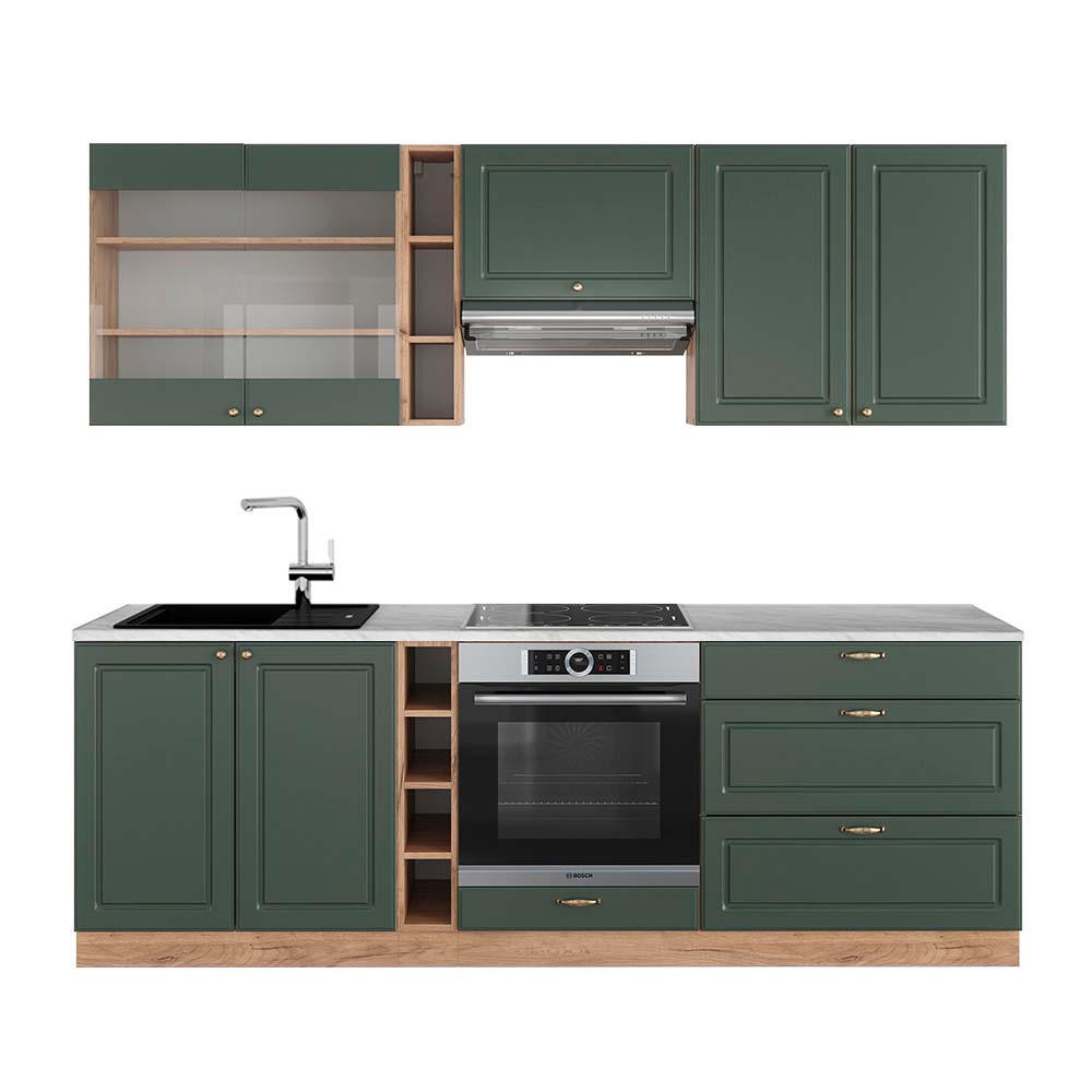 KÜCHENZEILE Fame-Line Grün-Gold Landhaus/Goldkraft Eiche 235 cm AP Marmor - Eiche Wotan/Grün, Holzwerkstoff (235/81.6/60cm) - Vicco