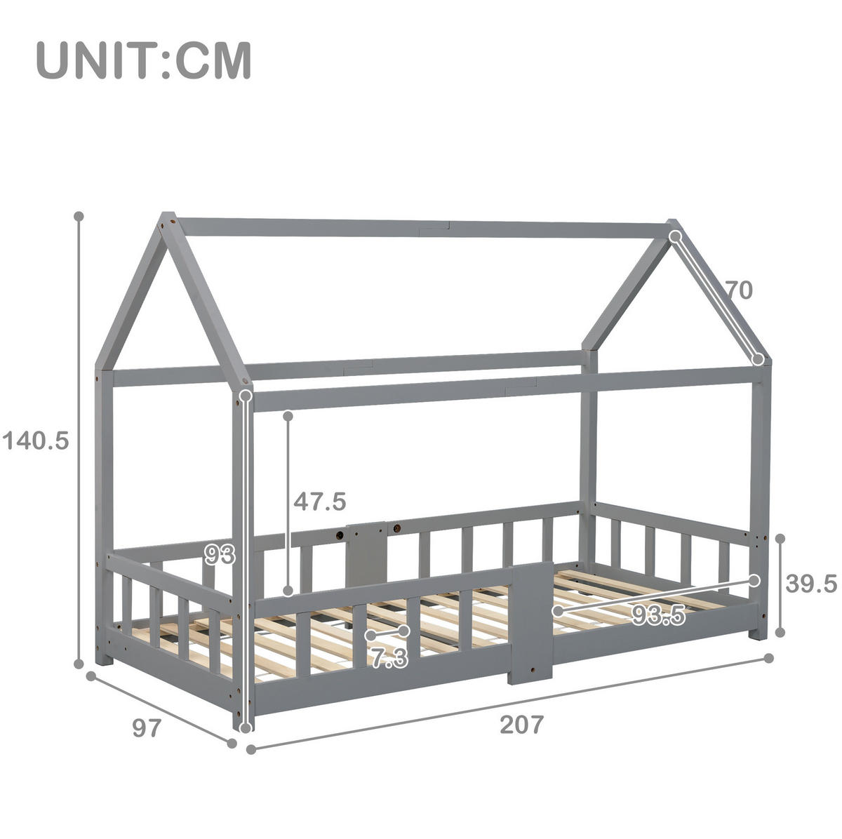 KINDERBETT Hausbett 90/200 cm mit Tafel, Lattenrost und Rausfallschutz aus Kiefernholz, Grau - Grau, Holzwerkstoff - Redom