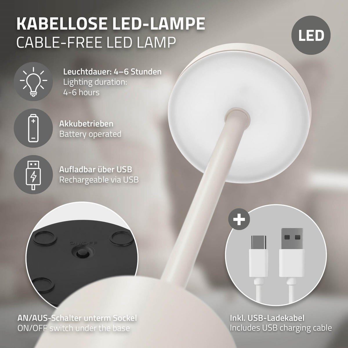 LED TISCHLAMPE kabellos Touch Creme Ø8x34,5cm 3 Lichtfarben Dimmbar - Creme, Kunststoff (8/8/34.5cm) - ML-DESIGN