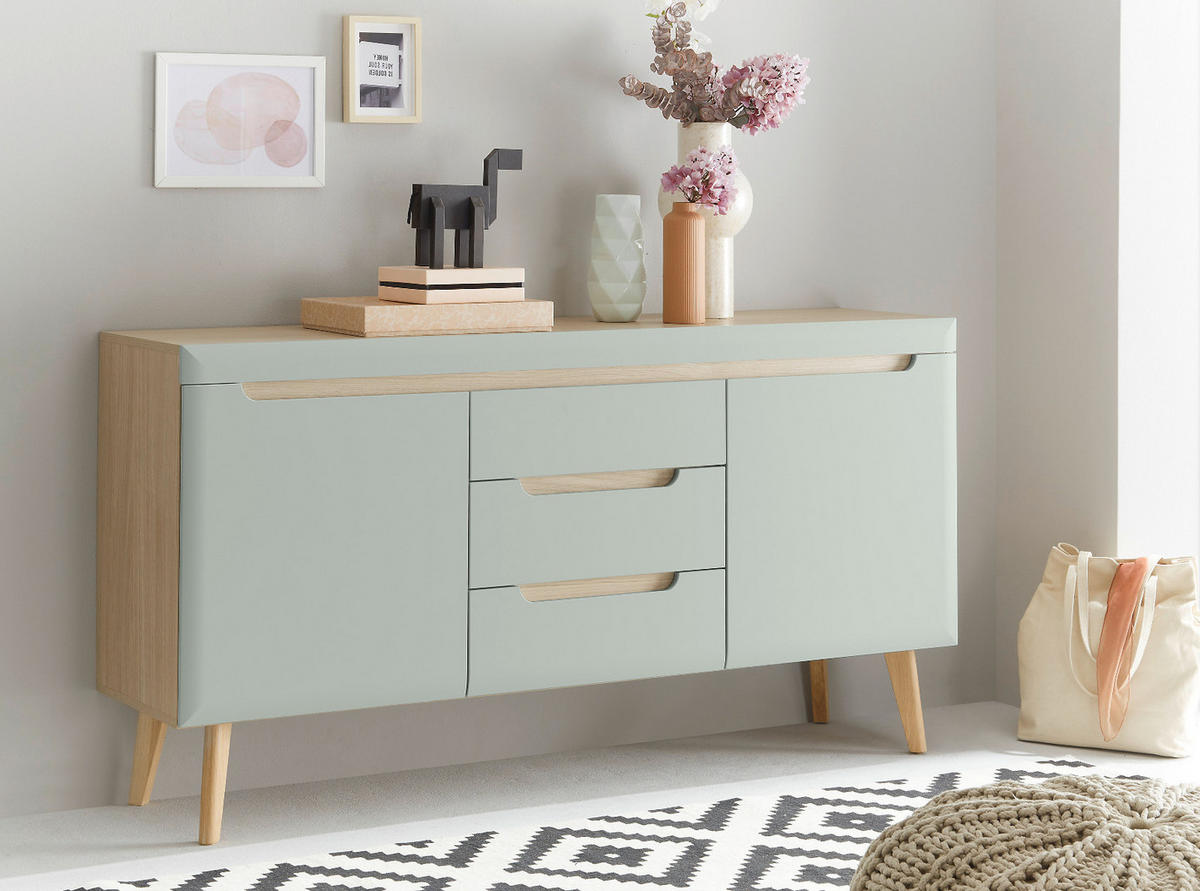 SIDEBOARD Pistazie grün, Eiche, skandinavisch 160 cm, Kommode mit Soft-Close - Eichefarben/Pastellgrün, Eichenholz/Holz (160/83/40cm) - Furn.Design