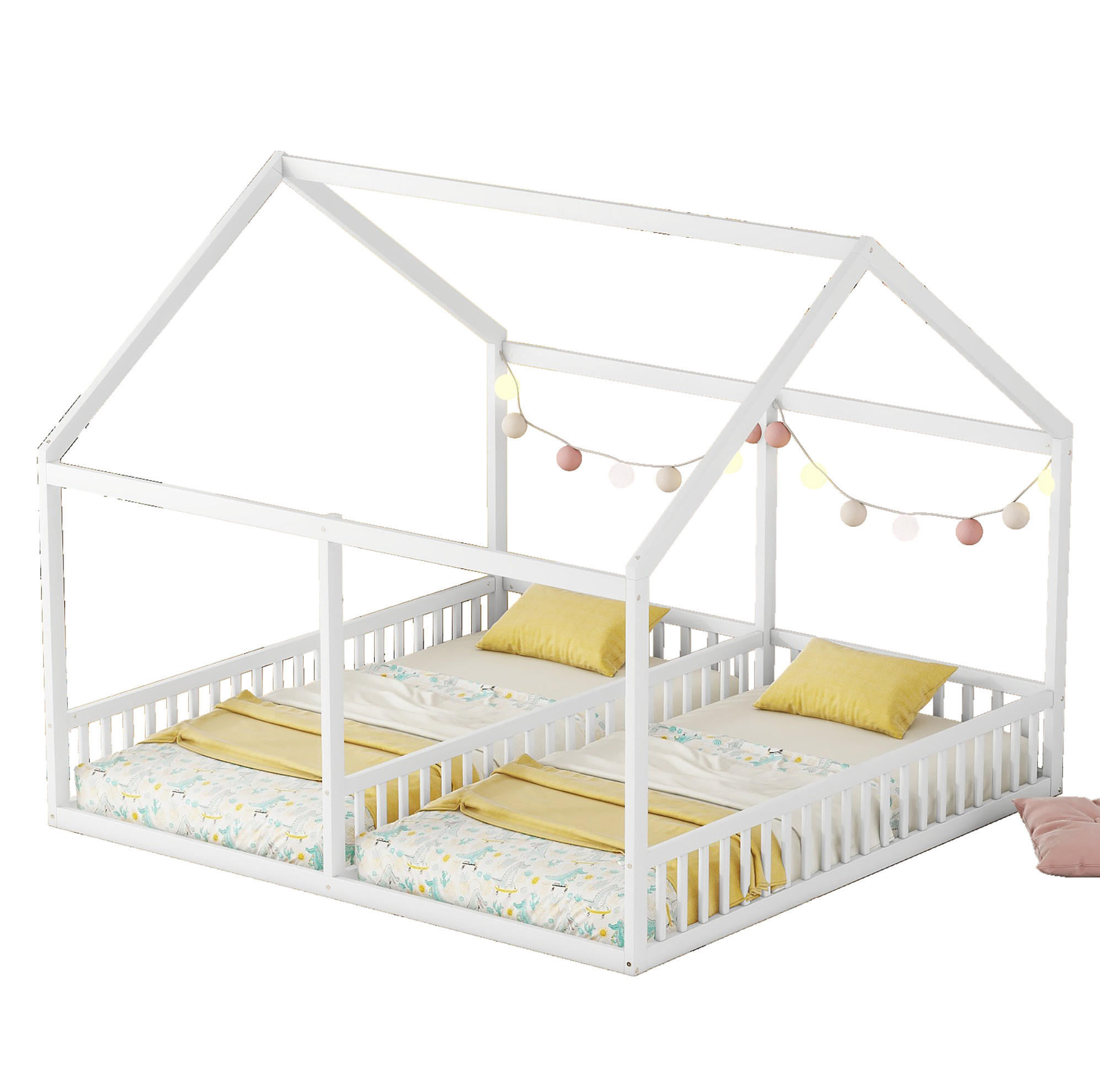 KINDERBETT 90/200 cm 2-in-1 mit Hausdach, Mittelgeländer und Lattenrost, Kiefern /MDF, Weiß - Weiß, Holzwerkstoff (90/200cm) - Redom