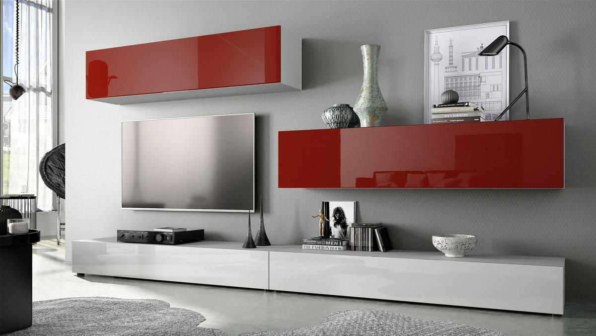 WOHNWAND Nublo Klappen in Bordeaux Hochglanz - Bordeaux, Holzwerkstoff (279/147/39cm) - Vladon