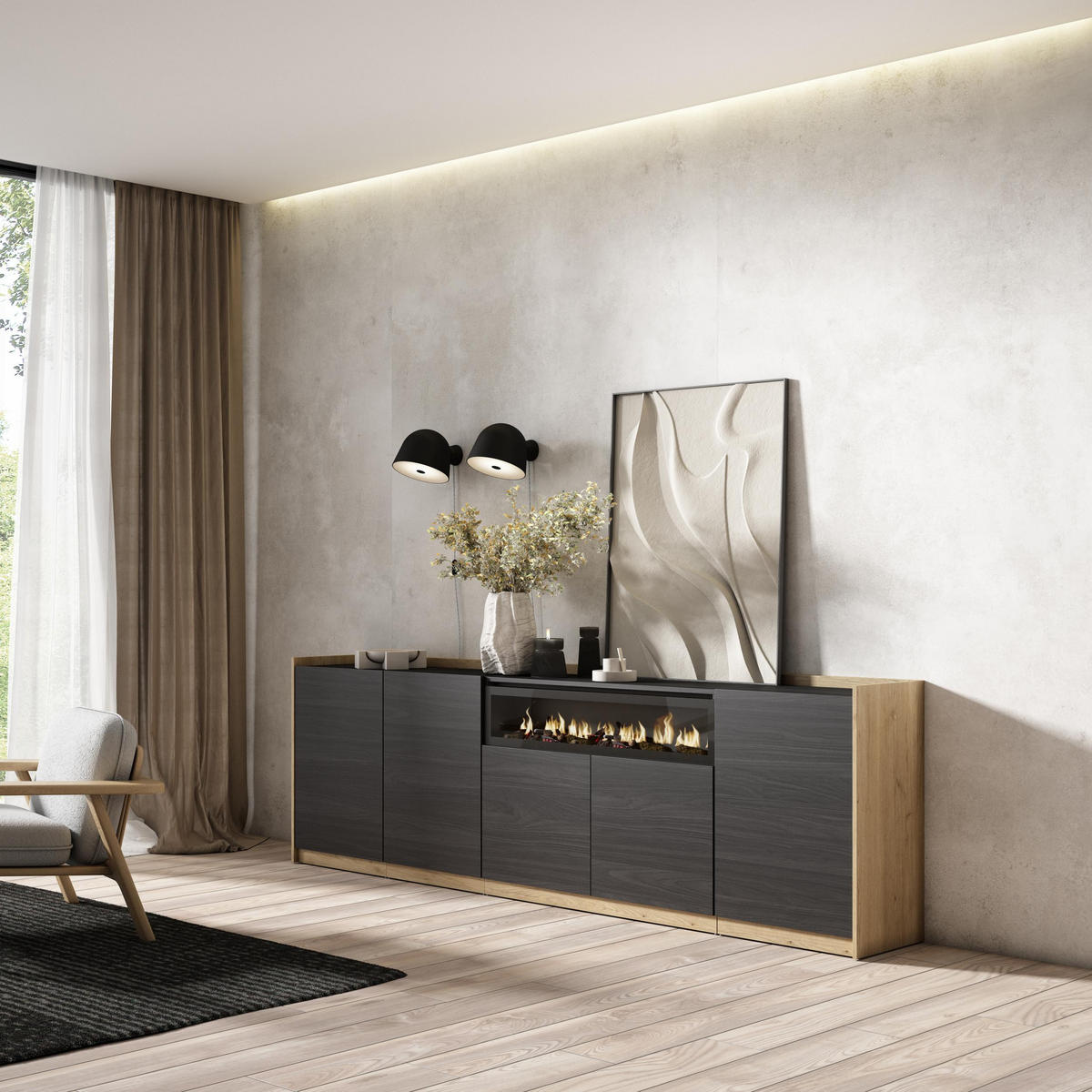SIDEBOARD, Highboard, Schwarz Eiche, Elektrokamin, 260/37/80cm - Schwarz, Holzwerkstoff (260/80/37cm) - Skraut Home