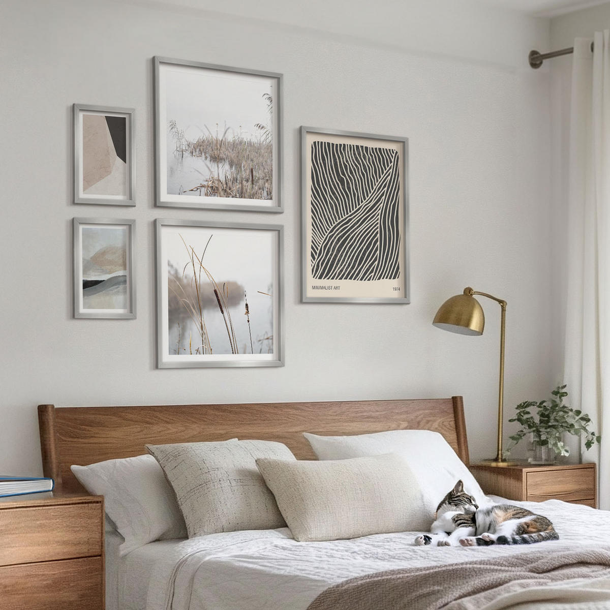 WANDBILDER 5er Set - 50x50 cm & 20x30 cm & 40x60 cm Silberner Rahmen - Abstrakte Boho-Dekorationsmuster - Silberfarben, Kunststoff (40/60cm) - ArtPrintCave