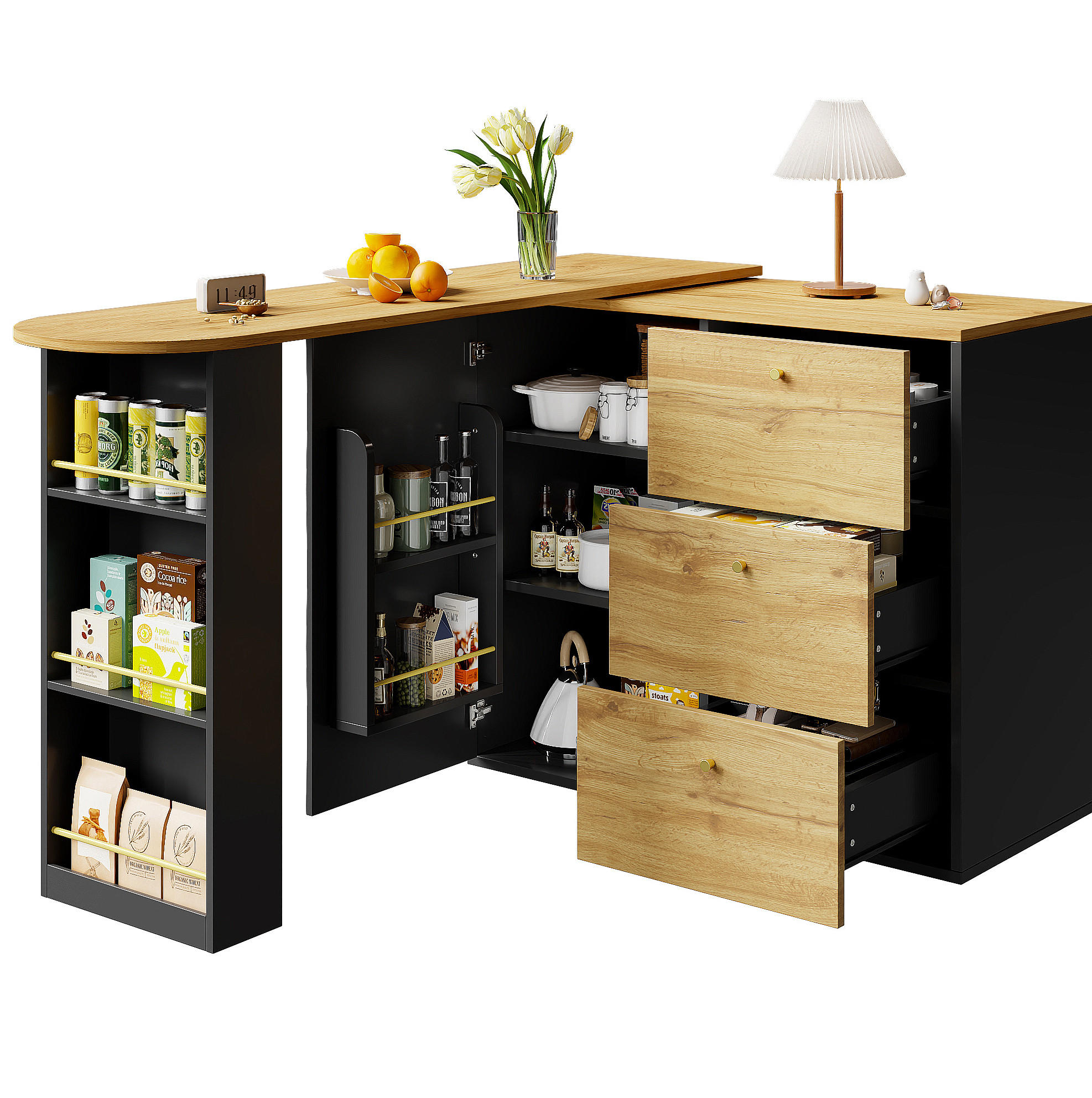 BARTISCH 138-204/39/104 cm in Schwarz mit Stauraum und drehbarer Ausziehfunktion - Schwarz, Holzwerkstoff (39/204/104cm) - BEAOK
