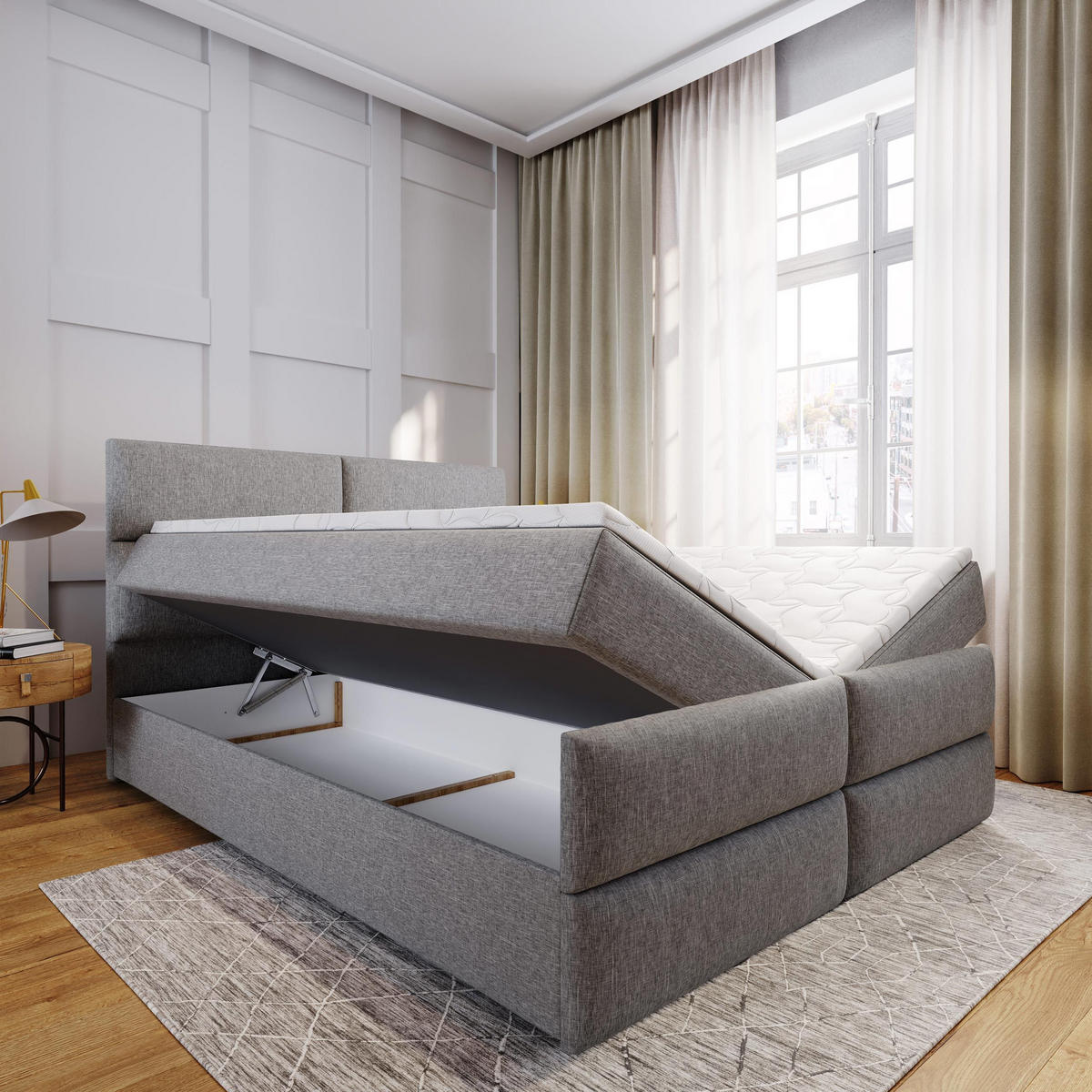 BOXBETT MULEN 180x200 cm mit Matratze und Topper - Grau - Grau, Holz (180/200cm) - MASSENO