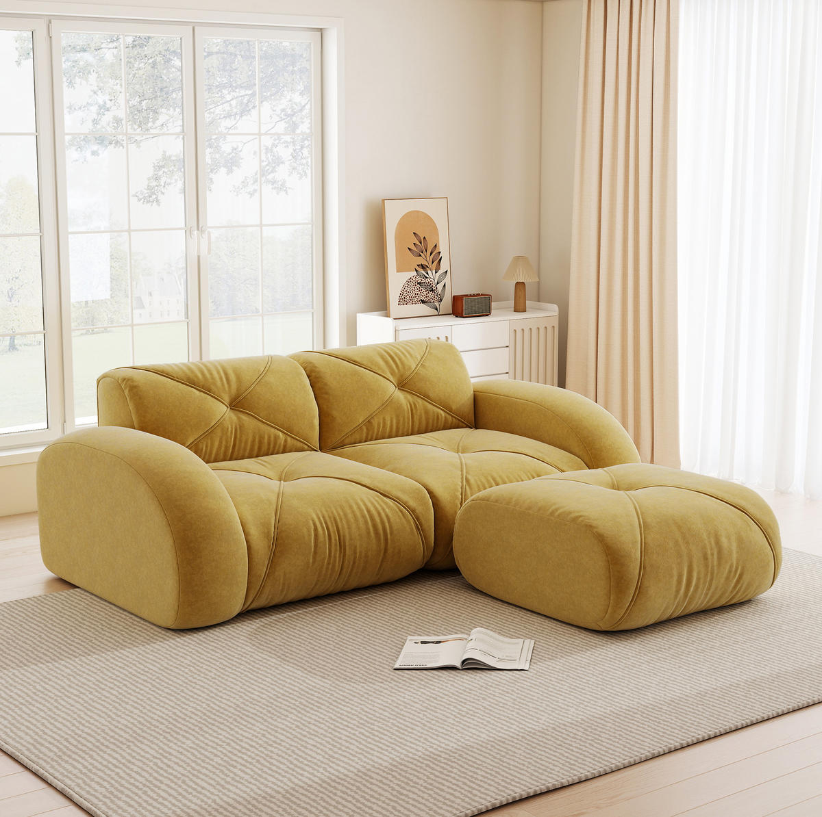 MODULARES 2-Sitzer-Sofa mit Hocker, rahmenloses Design und 32D-Schaumstoff, Gelb - Gelb, Textil (204/76/171cm) - Redom