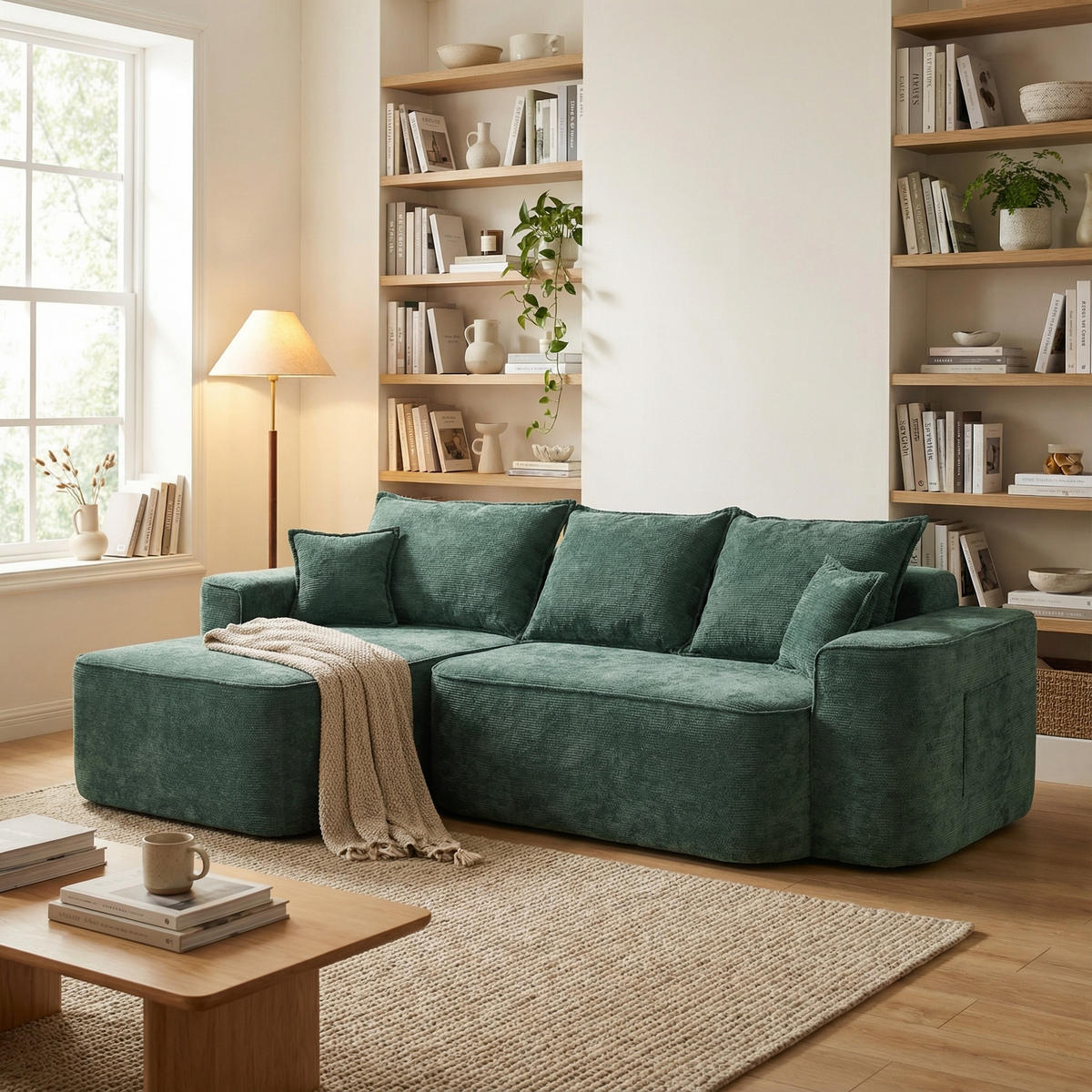 ECKSOFA Modulares L-Form in Chenille Montagefrei - Grün, Textil (262/144cm) - Urban Meuble