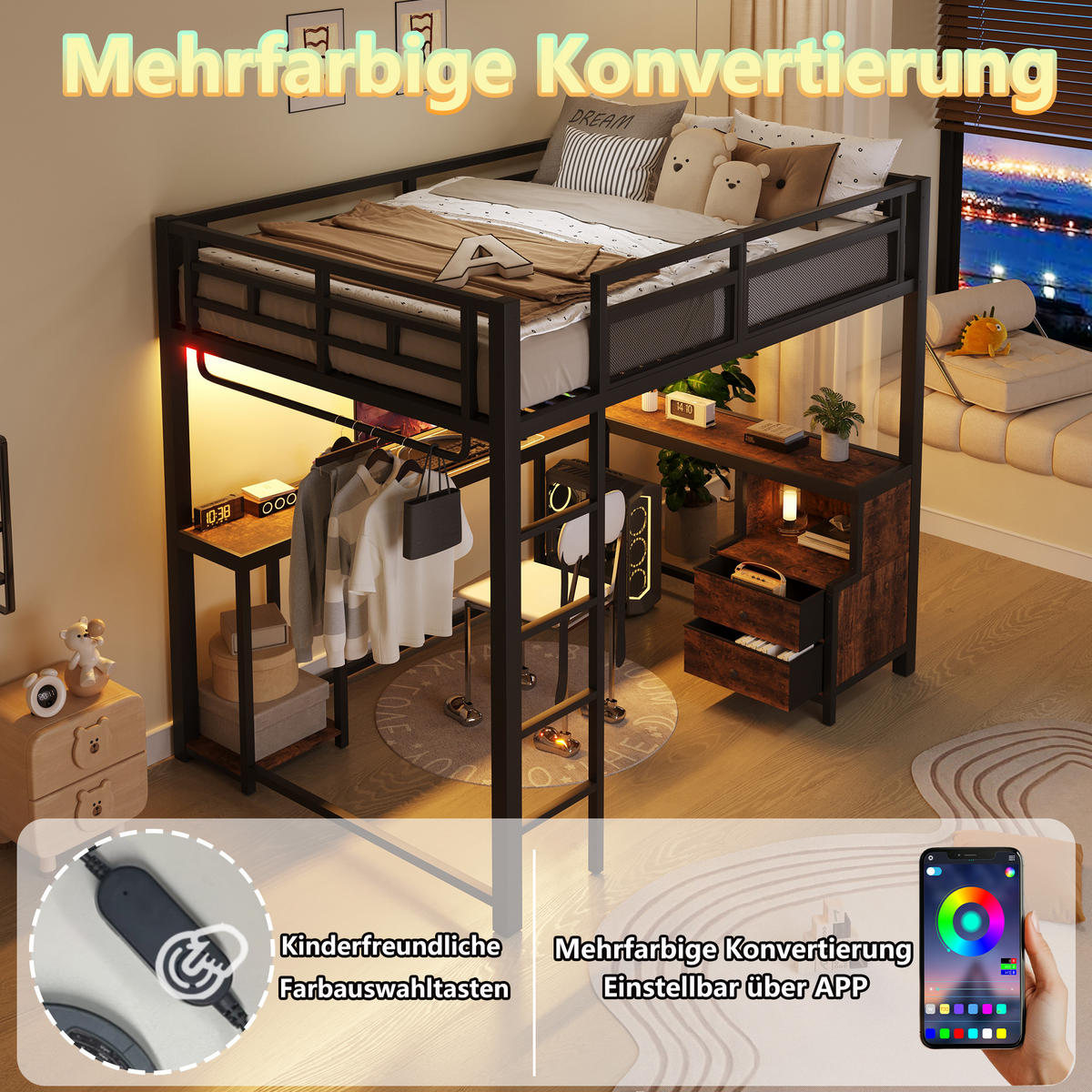 HOCHBETT 140/200 cm in Schwarz Metall und Holz mit LED, USB, Schreibtisch und Ablagefächern - Schwarz, Holzwerkstoff/Metall (140/200cm) - WISHDOR