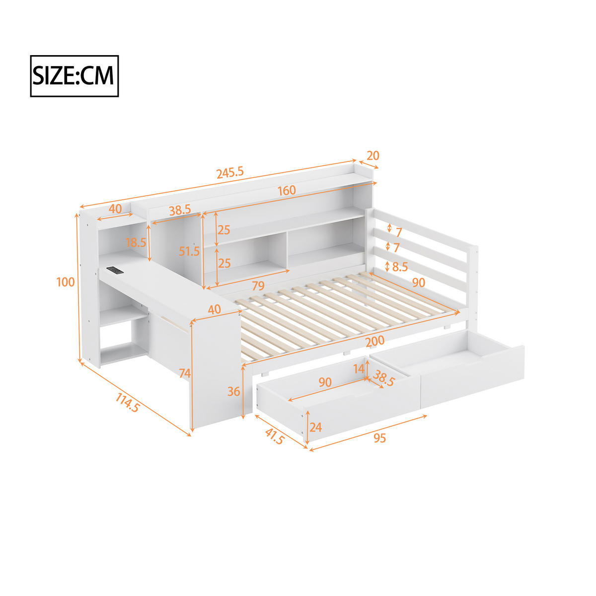 MULTIFUNKTIONSBETT 90/200 cm weiß aus Massivholz mit Schreibtisch und Steckdose - Weiß, Holzwerkstoff (90/200cm) - OKWISH