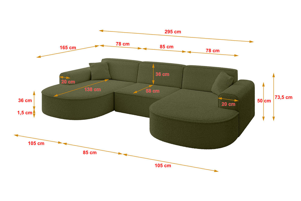 WOHNLANDSCHAFT MARI-U1 - 295x163x73,5 cm Grün Bouclé - Schwarz/Grün, Holzwerkstoff/Kunststoff (295/73.5/163cm) - ALTDECOR