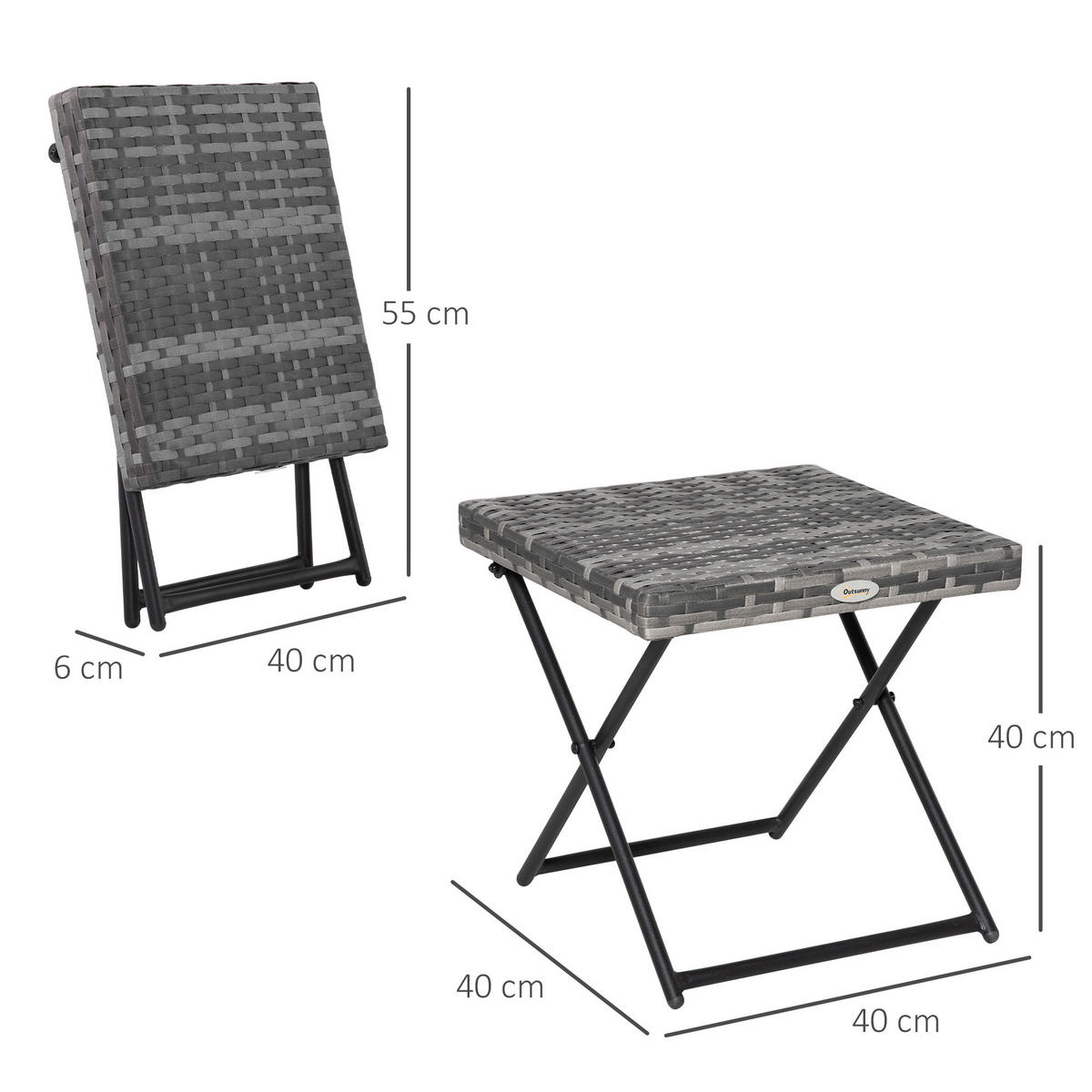 GARTENKLAPPTISCH, Grau, Stahl, Polyrattan - Grau, Kunststoff (40/40/40cm) - Outsunny