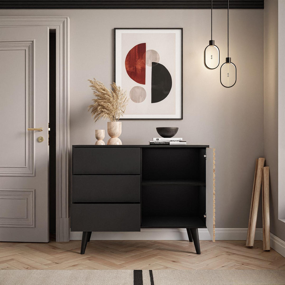 KOMMODE CONE KSZ104 - Eichefarben/Schwarz, Holzwerkstoff (104/83/39cm) - Lookway