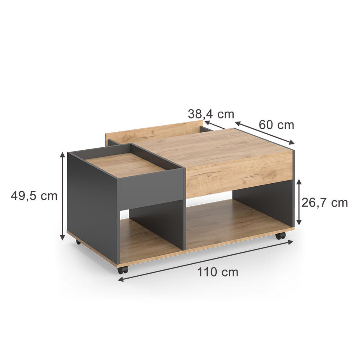 COUCHTISCH Maik Goldkraft Eiche/Anthrazit 110 x 60 cm mit Schublade - Anthrazit/Eiche Wotan, Holzwerkstoff (60/110/49.5cm) - Vicco