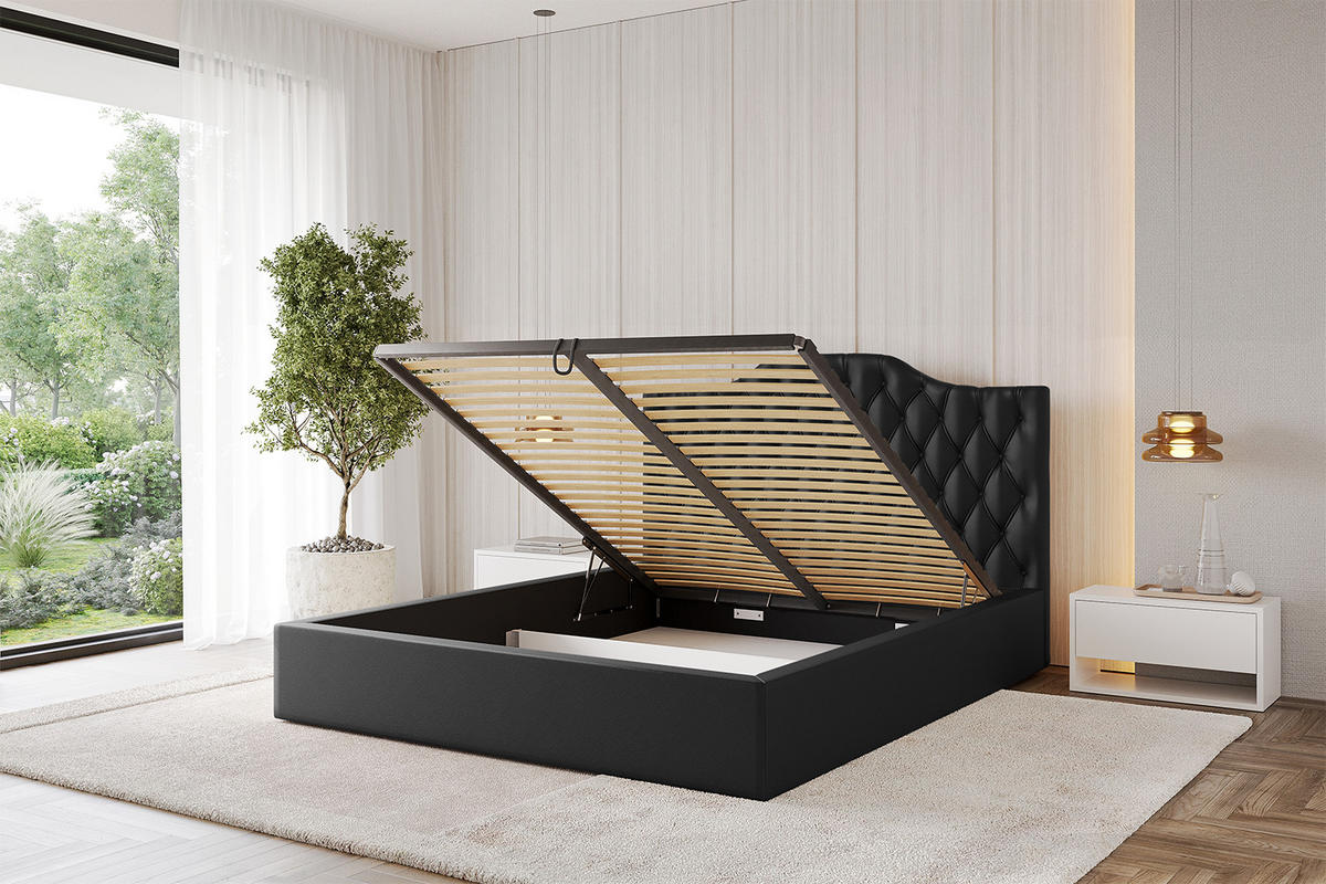 POLSTERBETT mit Bettkasten und Lattenrost, Boxbett ohne Matratze - FALIO 180x200 Schwarz Kunstleder - Schwarz Hochglanz, Holzwerkstoff/Textil (180/200cm) - ALTDECOR