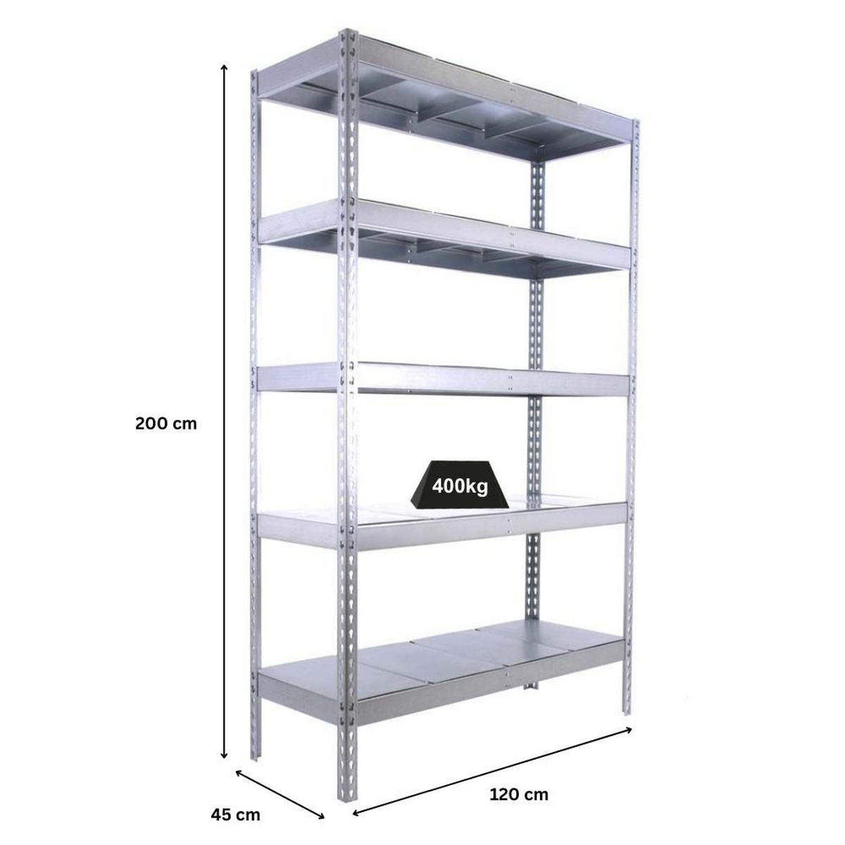 SCHWERLASTREGAL BIG METAL YETI FIVE | HxBxT 200x120x45cm | Fachlast 400kg | Verzinkt - Silberfarben, Metall (120/200/45cm) - PROREGAL