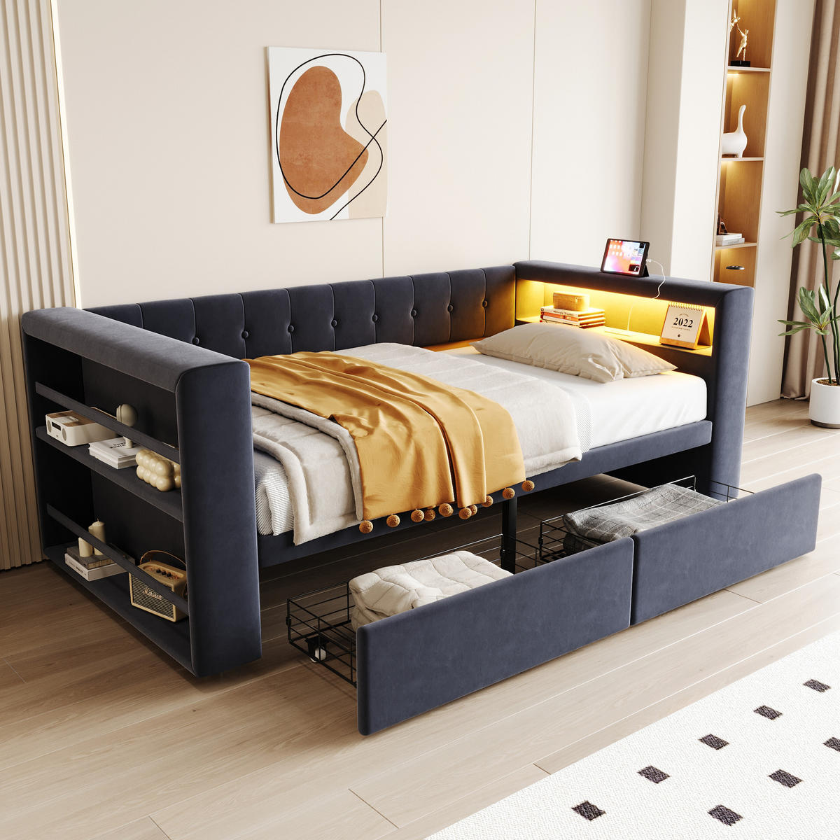 POLSTERBETT 90/190 cm dunkelgrau mit LED-Beleuchtung und großem Stauraum - Dunkelgrau, Textil (90/190cm) - OKWISH