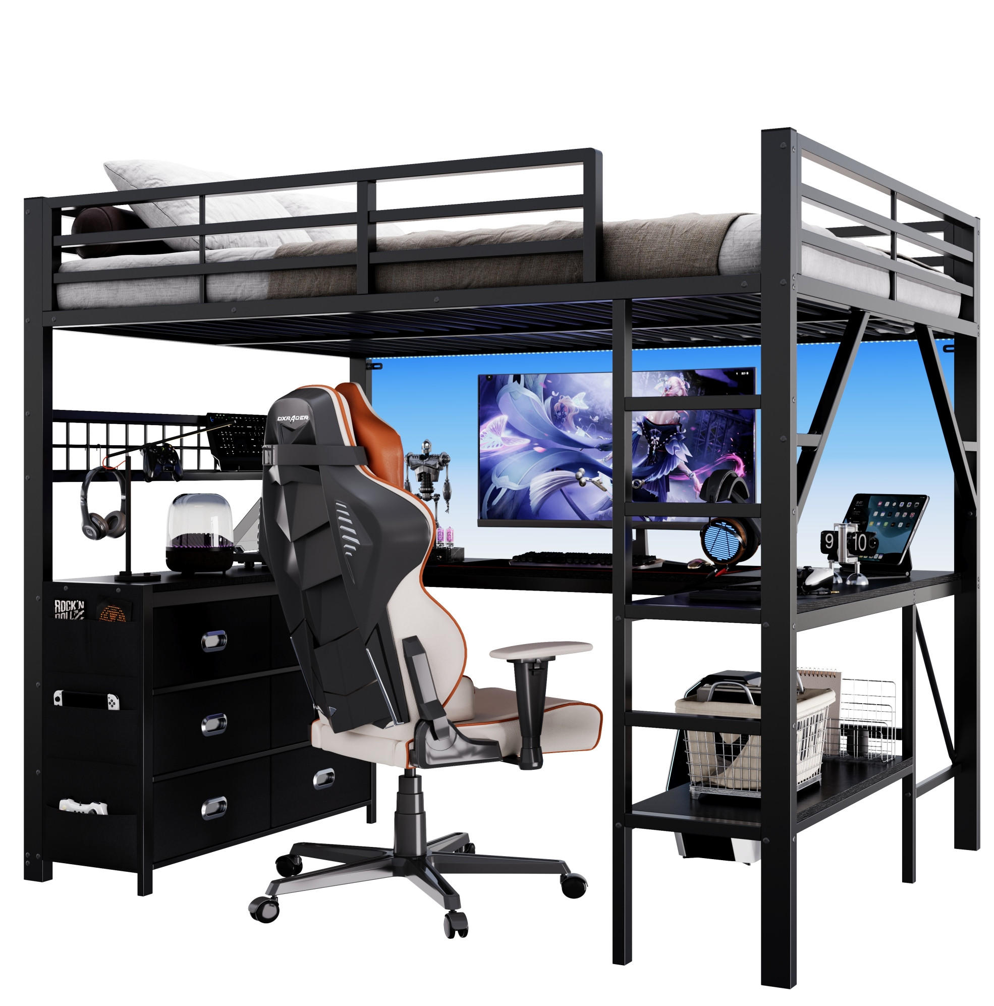 HOCHBETT Metall & MDF 140x200 cm Schwarz mit Schreibtisch, LED und Stauraum - Schwarz, Holzwerkstoff (140/200cm) - Modfu