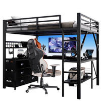 HOCHBETT Metall & MDF 140x200 cm Schwarz mit Schreibtisch, LED und Stauraum - Schwarz, Holzwerkstoff (140/200cm) - Modfu