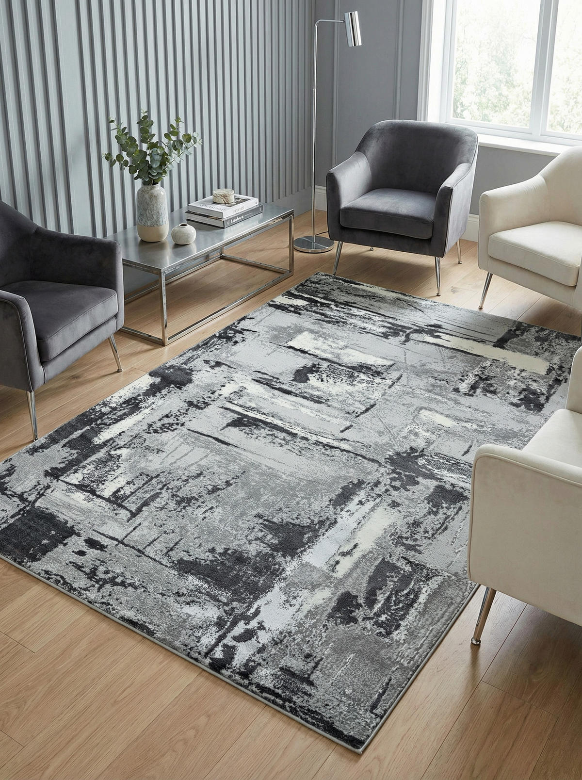 TEPPICH Velours abstrakt mit Metallic-Akzenten Stadtmuster pflegeleicht PARMA-Felino, Silbergrau 120x170 cm - Grau, Textil (120/170cm) - KADIMA DESIGN