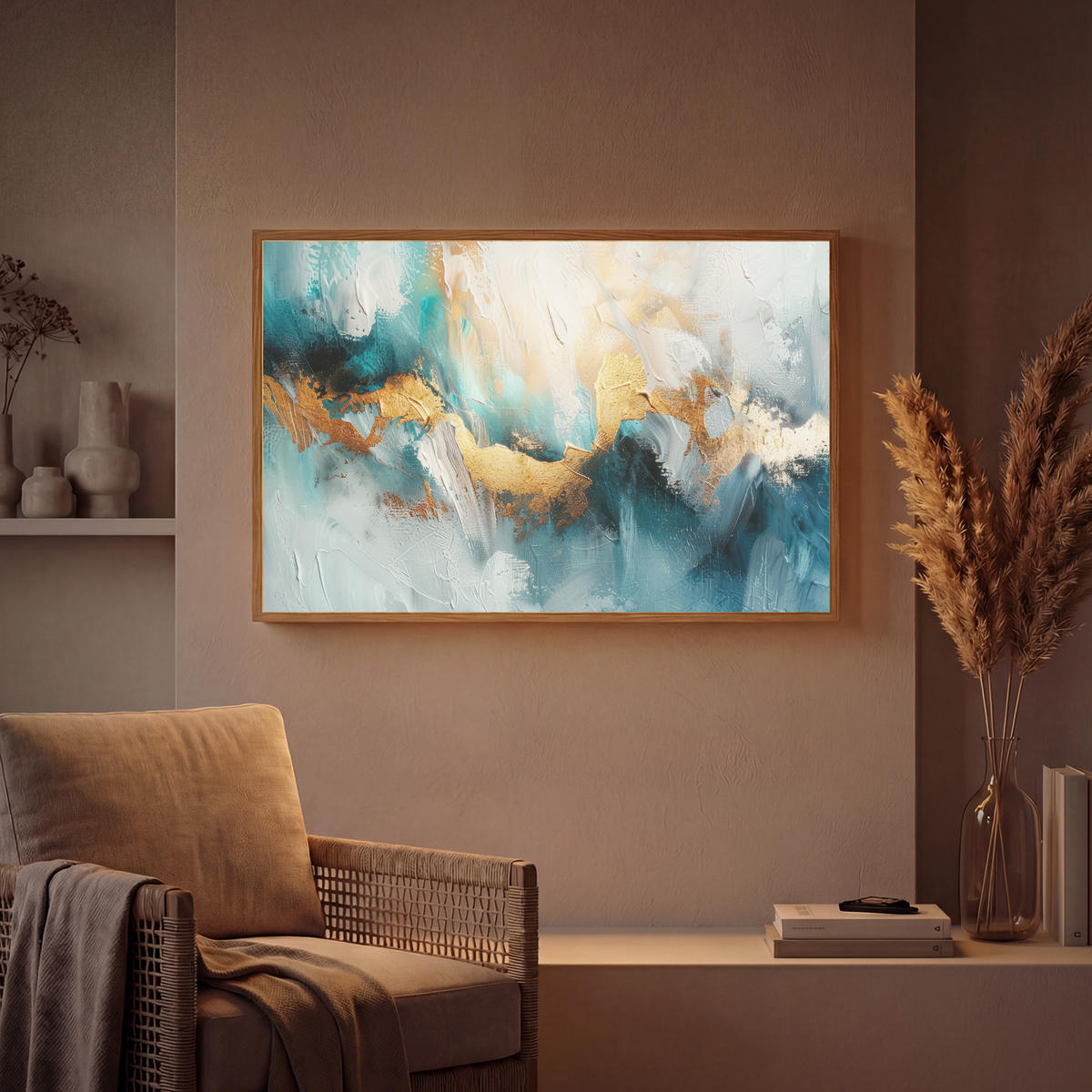 NÁSTĚNNÁ LAMPA S AKUMULÁTOREM Abstraktní - umění - zlatá - modrá 100x70 cm - tyrkysová, kompozitní dřevo (100/70/8cm) - OnlyWow