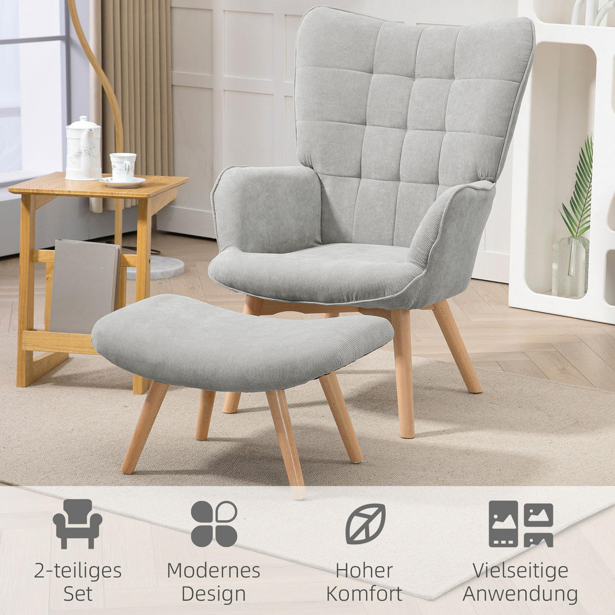 KŘESLO s podnožkou 72/80/101 cm šedé z polyesteru s taburetem a dřevěnými nohami - šedá, textil (72/101/80cm) - OKWISH