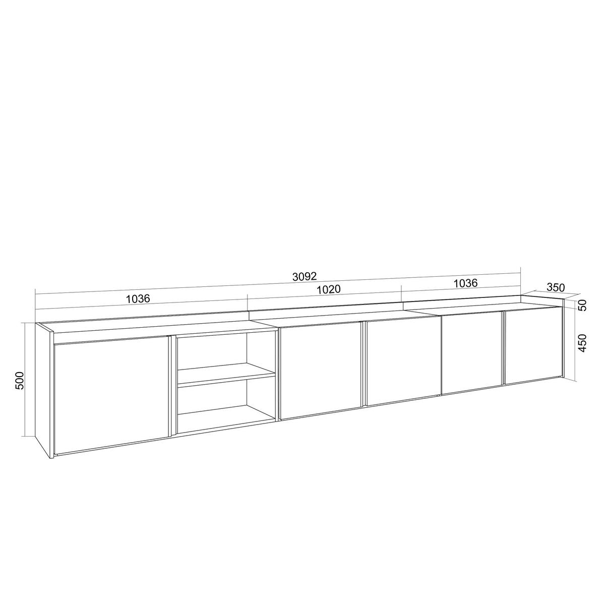 LOWBOARD, Schwarz und Eiche, 309/35/50cm, Hängend - Schwarz, Holzwerkstoff (309/50/35cm) - Skraut Home