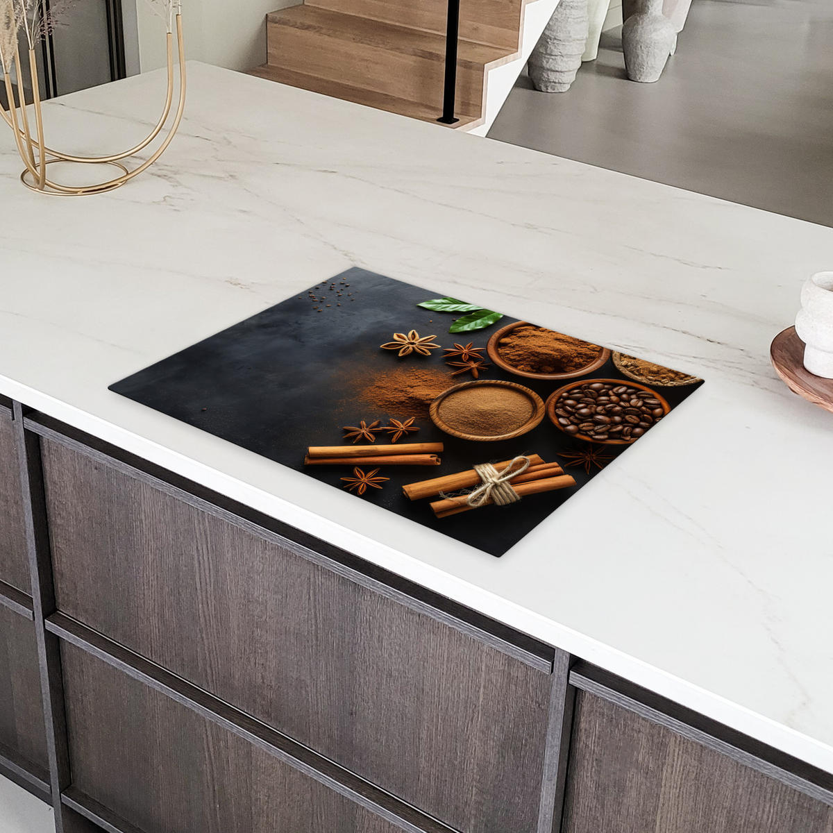 HERDABDECKPLATTE Zimt - Beton - Kaffee - Zimtstangen - Gewürze 71x52 cm - Mokka, Kunststoff (71/52/0.2cm) - MuchoWow